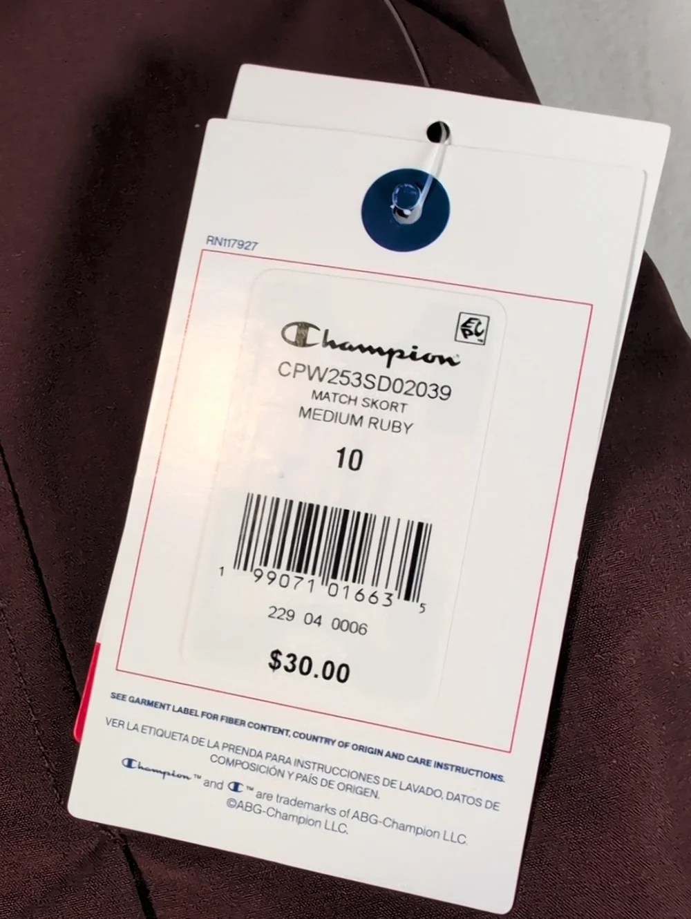 Champion Pleated Match Skort in Medium Ruby (Brown) Size 10